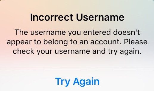 Instagram login error of ‘Incorrect username’